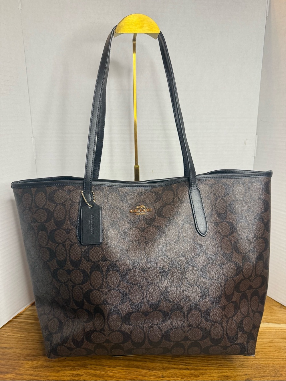 Coach City Tote 5696 Brown Black Signature Coated Canvas Shoulder Bag, Hangtag